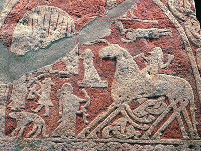 Detail von Figuren, die eine Saga illustrieren, von der Insel Gotland von Viking